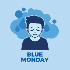 Blue Monday poster with sad person vector illustration. Unhappy male person with a sad expression icon. Template for background, banner, card. The most depressing day of the year. Important day