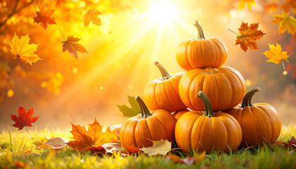 Naklejka premium Colorful autumn composition featuring pumpkins, falling maple leaves, and warm golden light in nature.