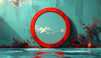 Red Framed Mirror in Teal Room.