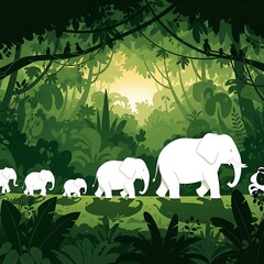 Elephant Family Trekking Through Lush Jungle Illustration.