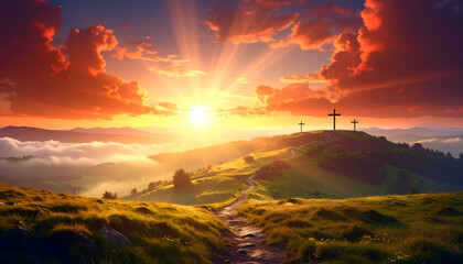 Path leading to crosses under a radiant sky, representing Christianity, salvation, and spiritual journey.