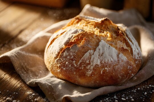 Crusty homemade bread resting on linen cloth in warm rustic light, symbolizing traditional artisan baking and homemade comfort.