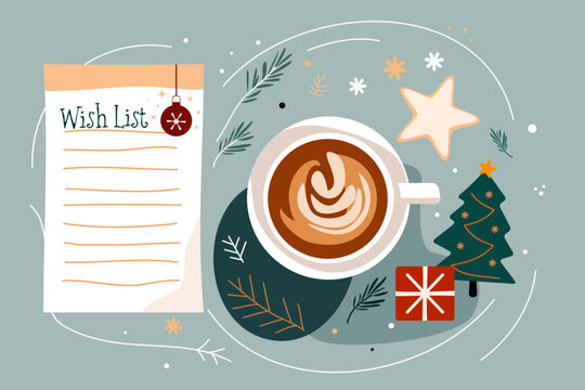 Top view of cozy Christmas flatlay with coffee cup, wishlist and festive paper on table. Creative holiday planning concept with handwriting, gift ideas, and winter inspiration on a mockup background