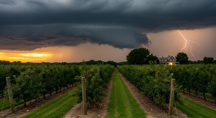 Dramatic orchard landscape featuring a looming storm cloud and illuminating lightning strikes over a rural farmhouse