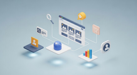 Isometric illustration of website development process with search, user, graph, and data isolated on white background