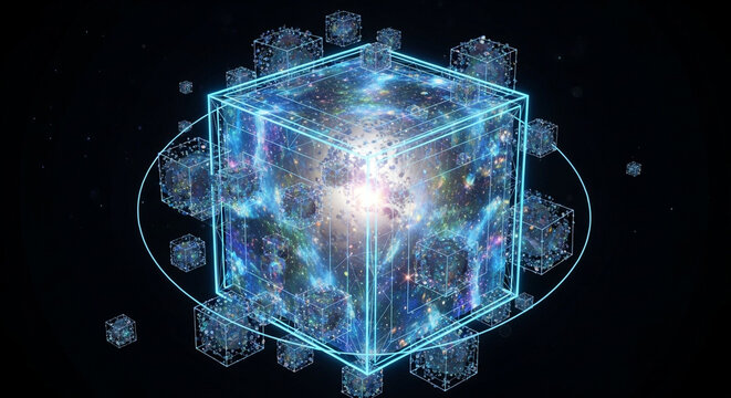 Abstract glowing cube with galaxy inside, surrounded by smaller cubes, floating in a dark space with blue lighting effects