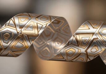 Elegant golden patterned ribbon gracefully coiled with sophistication and a touch of geometric charm enhancing its