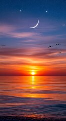 Serene Sunset Over the Ocean - A Crescent Moons Embrace.