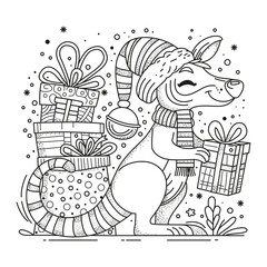 A cute kangaroo wearing a Santa hat stands and holds a gift box in its paws. This black and white illustration is perfect for coloring, themed around Christmas and New Year.
