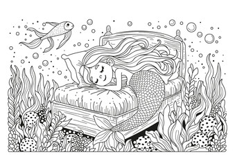 A cute little mermaid sleeps on a bed underwater among seaweed. Coloring page for children and adults. Art therapy. Black and white illustration for coloring.