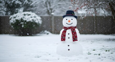 Fototapeta premium A charming snowman standing proudly in a winter wonderland, wearing a hat and scarf as snowflakes gently fall