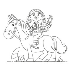 A cheerful girl sits astride a horse and waves. This coloring page is for children and adults.