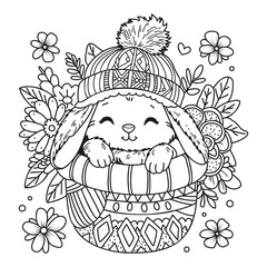 A cute bunny in a knitted hat sleeps in a mitten. Coloring page for children and adults.