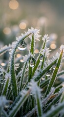 Frozen dawn dew, grass blades glisten crystalline in winter sunrise