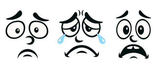 Set of cartoon facial expressions - sad emotional faces, vector illustrations