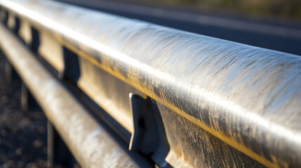 Highway barrier detail. Metal crash barrier on roadside with weathered surface. Focus on safety infrastructure. Road safety element.