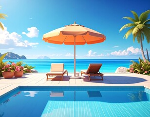 Obraz premium swimming pool with beach umbrella and chairs. Summer vacation concept. 3d rendering