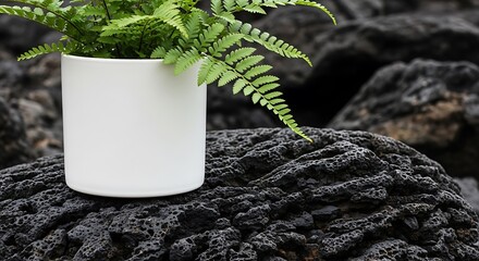 Indoor fern in a white pot resting on a black textured rock surface