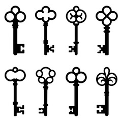 Vector art of collection of antique black key silhouettes