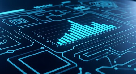 Futuristic digital circuit board with glowing turquoise data visualization graph and abstract technology background