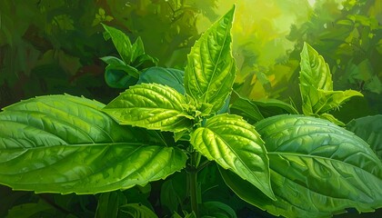 Closeup Basil Leaves Lush Green.