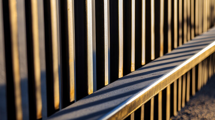 Abstract view of metal fence. Vertical bars create shadows. The rail cast long shadows onto the pathway. Close-up, linear design, architecture.