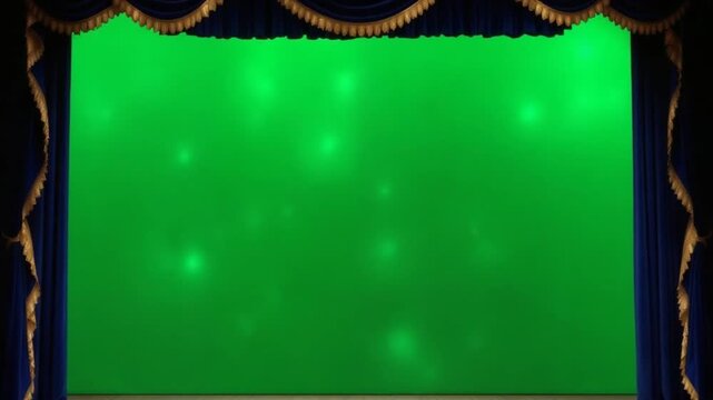 Dramatic Blue Stage Curtains Opening to Green Screen Backdrop.