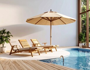 Fototapeta premium swimming pool with beach umbrella and chairs. Summer vacation concept. 3d rendering