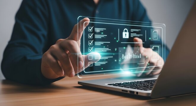 Person interacting with a futuristic holographic interface displaying security icons and data on a laptop - Powered by Adobe