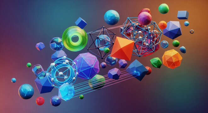 Colorful geometric shapes floating in space, creating a vibrant and dynamic composition with a modern and abstract aesthetic