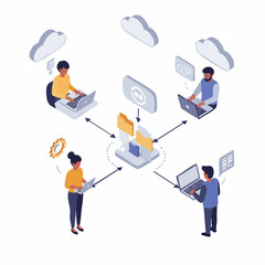 Isometric Illustration Team Collaboration Cloud Computing Data Sharing Flat Design Concept