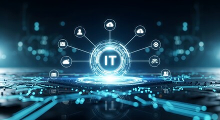 Futuristic glowing digital it network hub with interconnected abstract icons representing technology and data flow