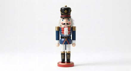 A charming wooden nutcracker soldier standing upright, with an authentic design