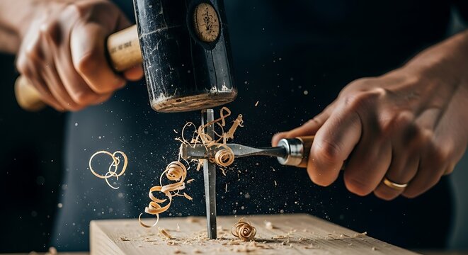 Hammering the chisel on wood, wood chips fly, carpenter work closeup - Powered by Adobe