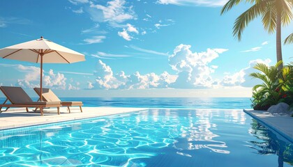 Obraz premium swimming pool with beach umbrella and chairs. Summer vacation concept. 3d rendering