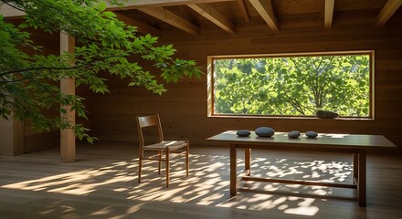 Serene interior space with natural wood, light, and zen decorative elements