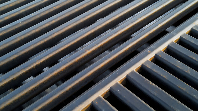 Metal grate with parallel bars creating a geometric pattern, showcasing industrial design and structural elements in a close-up perspective.