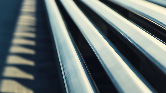 Parallel metallic bars bathed in light, creating a dynamic contrast with dark shadows. Geometric rhythm of linear forms in architectural construction.