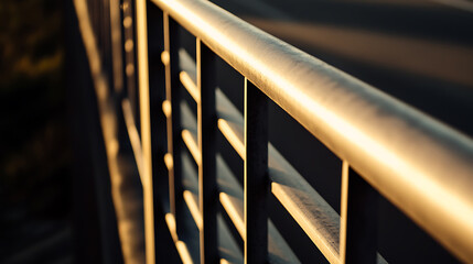 Metal railing detail with shadows casting geometric shapes. Linear metallic structure illuminated by warm, golden light for a modern, graphic design.