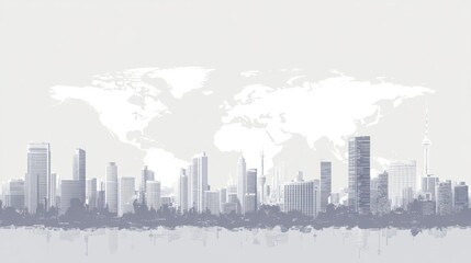 Fototapeta premium City skyline world map background, modern urban landscape, global business, presentation graphic