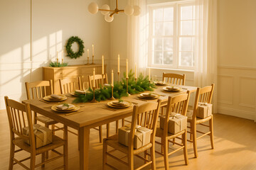 Christmas Dining Room with Wreath and Candlelight | Cozy Festive Dinner Setting