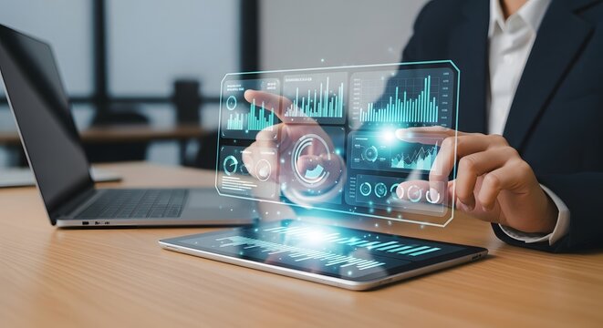 Business professional analyzing futuristic holographic data charts and graphs on a transparent screen in office setting - Powered by Adobe