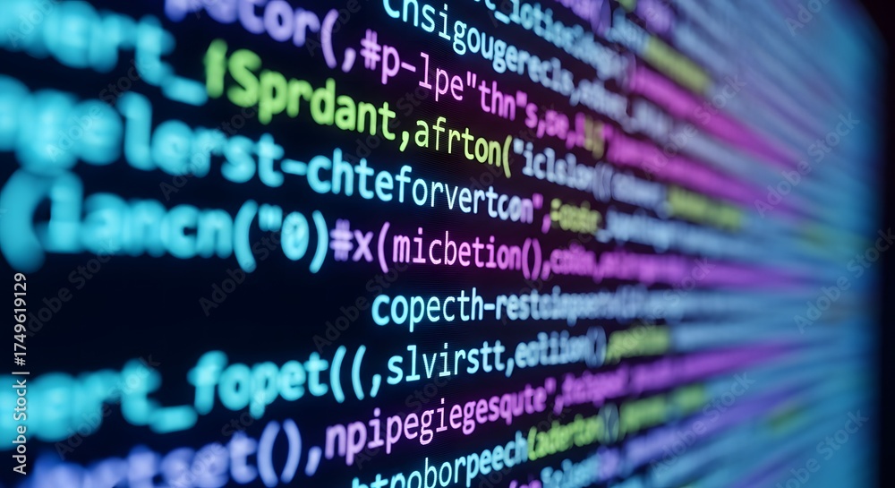 Wall mural abstract digital code on a dark screen with colorful syntax highlighting representing programming an