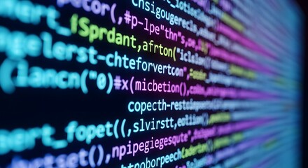 Abstract digital code on a dark screen with colorful syntax highlighting representing programming and technology