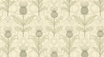 Delicate thistle flower pattern on beige backdrop showcases floral design and complex geometric shapes blending