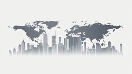 Global City Skyline Map. Showing world map with cityscapes. Stock photo for presentations or education