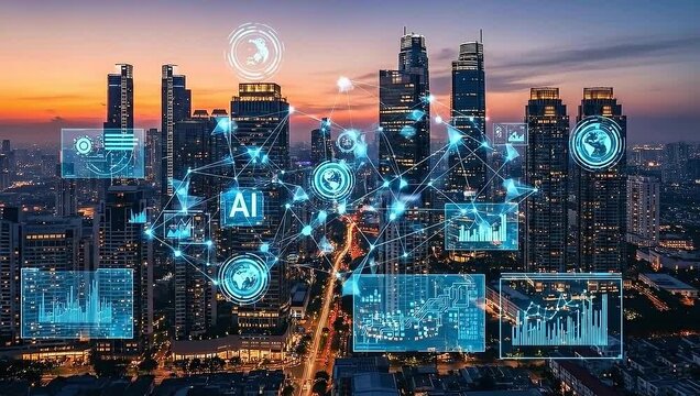 A cityscape with towering buildings at dusk, connected by an intricate network of data visualizations - Powered by Adobe