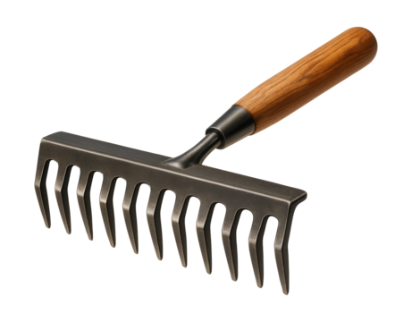 Sturdy rake with strong metal tines for breaking clay soil in home orchards.