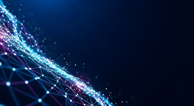 Abstract flowing network of glowing blue and purple lights with interconnected nodes against a dark background - Powered by Adobe