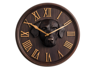 Brown wooden clock with Labrador head in center, features Roman numerals. Great for timekeeping, home decor, and retail displays.